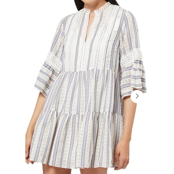SANDRO • Ecru/White/Navy Stephanie Stripe Boho Lace-Trim Tiered Mini Dress, S - Picture 5 of 16